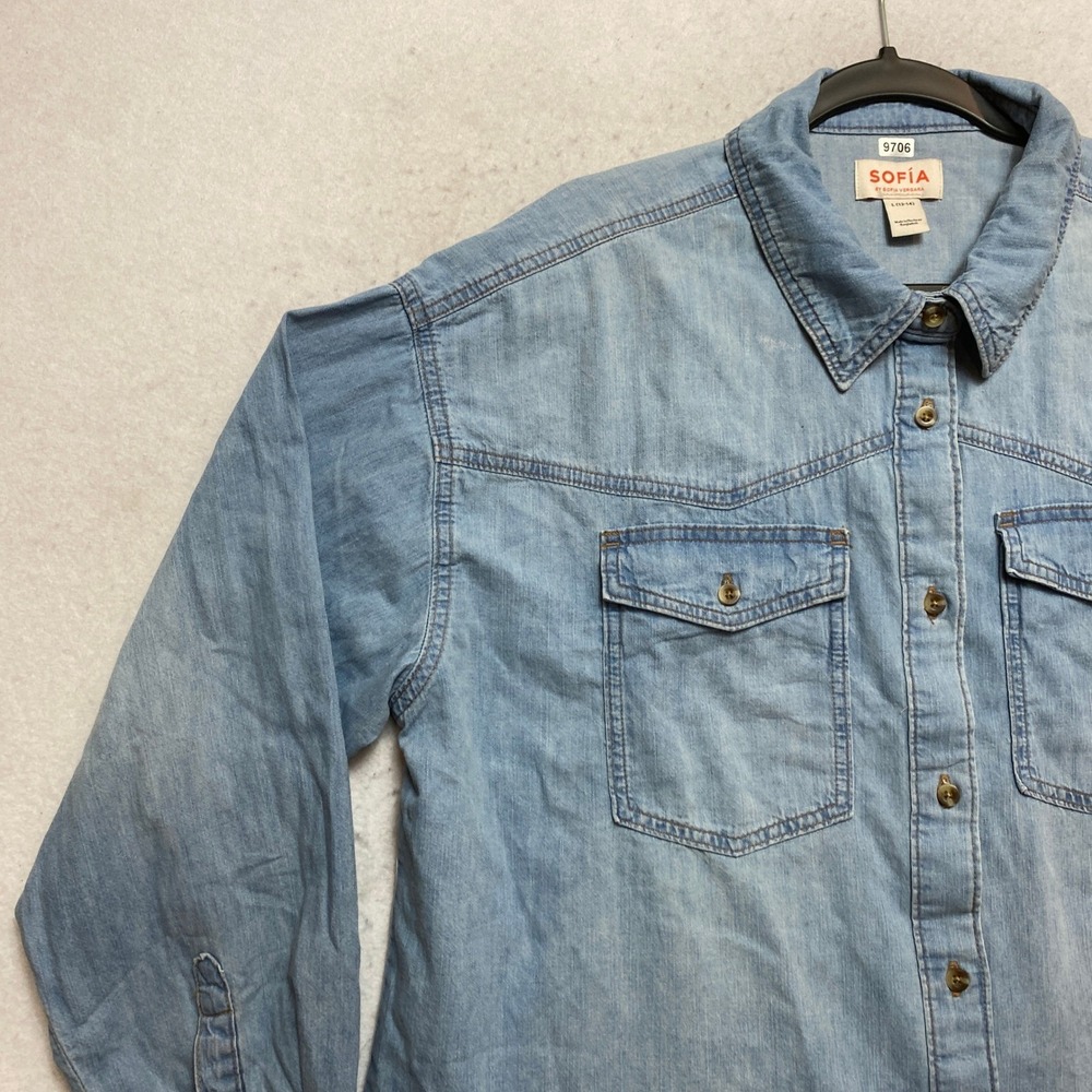 Sofia by Sofia Vergara Shirt Womens L Blue Denim Button Down Light Wash Cotton - Picture 5 of 9